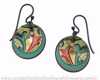 Vintage Tea Tin Earrings - Seafoam Green and Pink