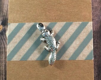 Platypus Lapel Pin / Tie Tack - Silver Tone - Tack Backing with Clutch Clasp