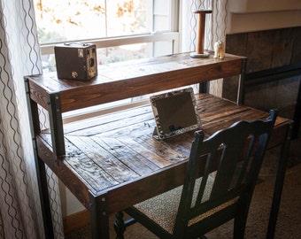 Repurposed Pallet Wood Desk, Tiered with Metal Legs