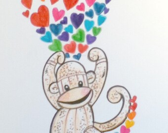 Sock Monkey Rainbow Hearts Art Print for Children Valentine Art