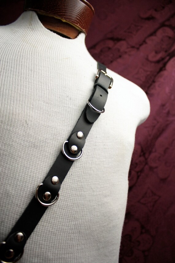 Single Shoulder Suspender Black Leather Silver Braces Mens