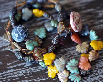 Eclectic Leaf Necklace - Earthy Necklace - Bohemian Necklace - Long Necklace - Earth Tones - Bead Soup Jewelry