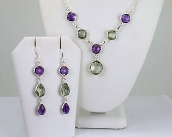 Bezel Set Brazilian Amethyst and Prasiolite (Green Amethyst) 925 Solid Sterling Silver Necklace & Earrings Set