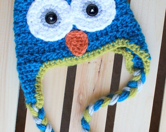 Crochet Owl Beanie with Braids, Made to Order