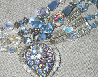 Vintage Lisner blue aurora borealis crystal necklace pendant