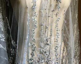 Silver Fabric Beaded and Embroidered for GRAD, Lyrical Dance, Ballet, Couture Gowns, Costume Design