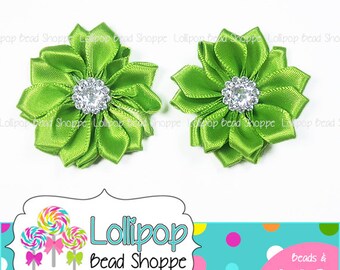 LIME Green Satin Ribbon FLOWERS Multilayer Pinwheel Flower Rhinestone Button Satin Fabric Flower CLAIRE Diy Headband Supply Embellishment
