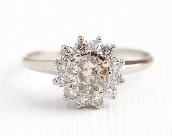 Sale - Diamond Halo Ring - 14k White Gold 1.14 CTW Size 8 1/4 Engagement - Vintage Bridal Wedding Cluster Old European Jewelry w/ Appraisal