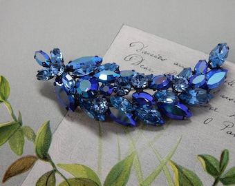 REGENCY Signed Two Tone Blue Leaf Rhinestone Brooch PJ22