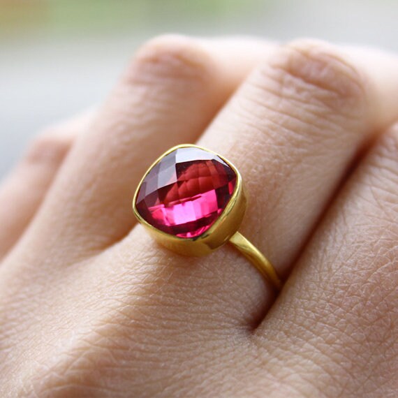 Gold Red Ruby Quartz Ring Cushion Cut Ruby Quartz July