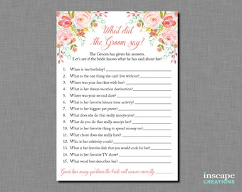 What did the Groom Say about his Bride? Bridal Shower Game, Newlyweds Game, What did He Say about Her, Who Knows Groom Best? Couples Shower