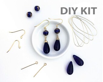 DIY Earring Kit, Jewelry DIY Kit, Wire Wrapped Earring, Dangle Teardrop Earring, Blue Drop Bead Earring, Gift, Wholesale, EP006