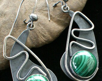 Malachite Sterling Silver Atomic Amoeba Earrings Mid Century Modernist Inspired