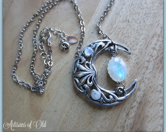 Rainbow Moonstone Crescent Necklace, Floating Moonstone Statement Necklace, Silver Crescent