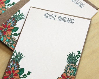 Set of 10 personalized flat notes- Succulents