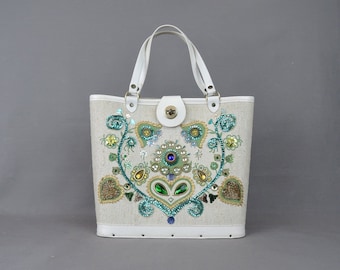 Vintage Jewel Tone Floral Purse Handbag, 1960s Decorated Sequins & Cabochons Gems, Enid Collins Style