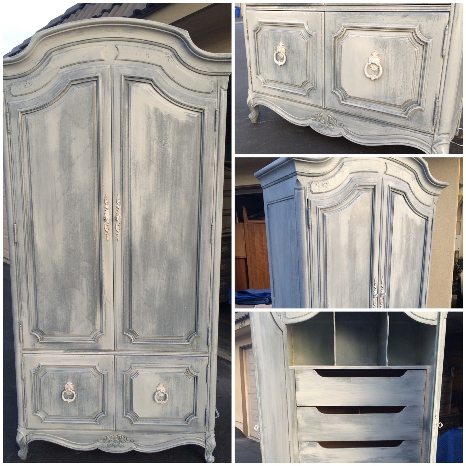SAMPLE Vintage French Provincial Armoire white washed grey