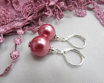 pink pearl earrings dark rose dainty simple drop earrings bridesmaids gift wedding bridal jewelry
