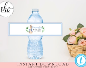 EDITABLE Vintage Peter Rabbit Baby Shower Water Bottle Label. INSTANT DOWNLOAD