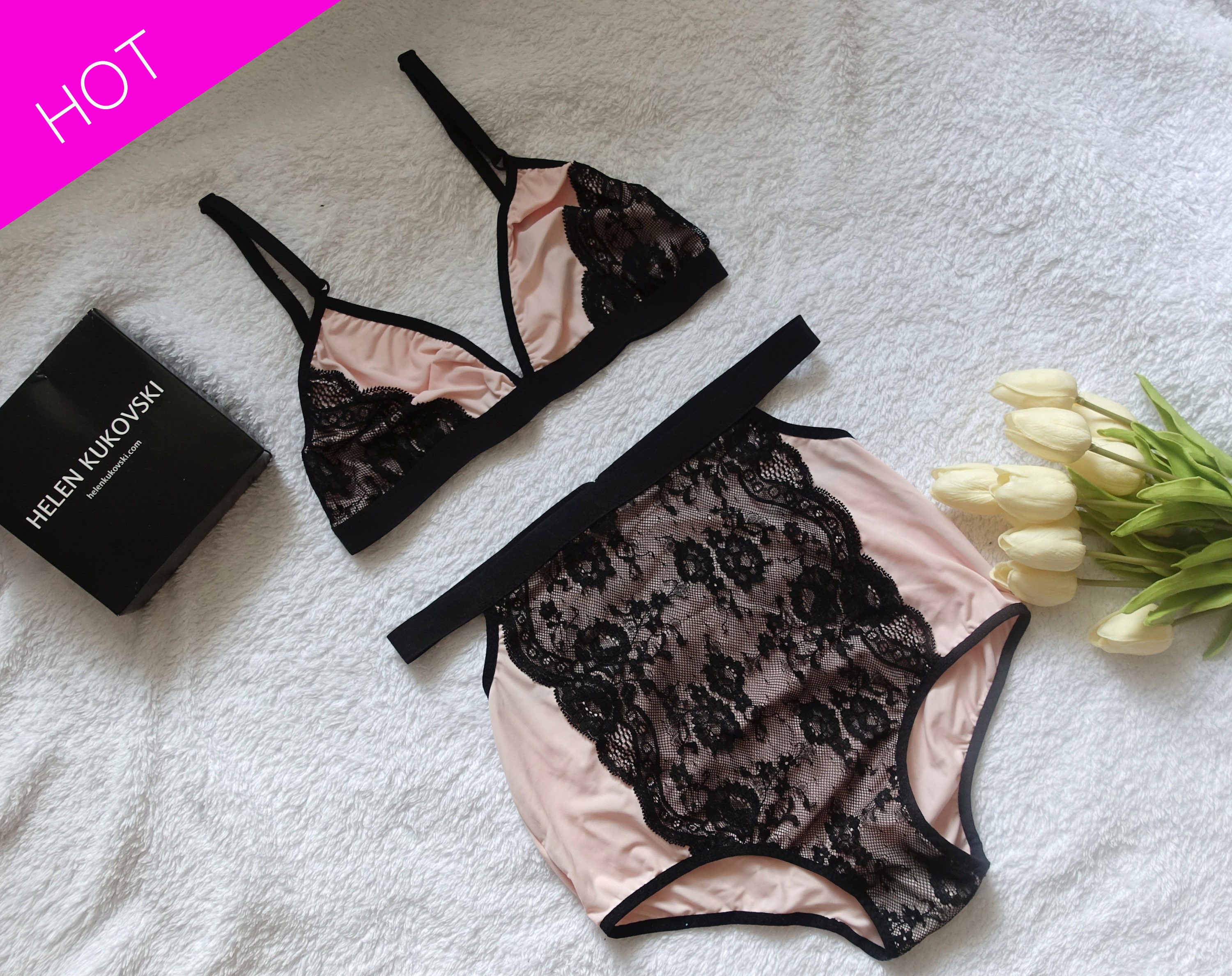 High waisted lingerie set / black lace bralette / black lace