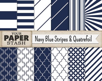 Navy Blue Striped Digital Paper, Blue Stripes, Quatrefoil, Nautical Digital Paper, Blue Paper, Masculine Father's Day, Instant Download