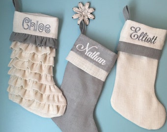 Christmas stockings, Monogrammed stockings, burlap Stockings, shabby decor, personalized stockings, unique wedding gift, bridal shower gift