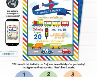 Transportation Invitations - Transporation Party - Car Party - Train Birthday - Transporation Birthday - INSTANT Access! Edit with Corjl