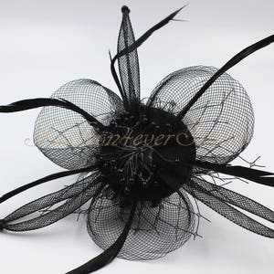 Black Headpiece, Flower Fascinator, Feather Headpiece, Flower Brooches, Feather Brooches, With Hair Clip and Brooch Pin Back