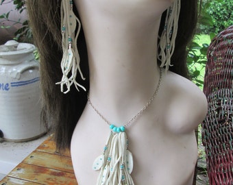 White Deerskin Leather Necklace With Silver And Turquoise Beads And Leather Feathers