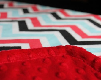 Minky Blanket Red, Black, and Turquoise Chevron Minky with Red Dimple Dot Minky Backing - Perfect Size a Toddler or Child