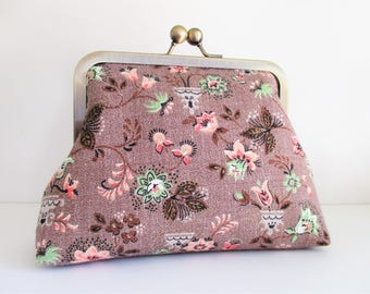 Taupe Brown Coral and Mint Small Leaves Flowers Vintage Barkcloth Fabric 6" Antique Brass Kisslock Frame Clutch Wristlet Crossbody Purse