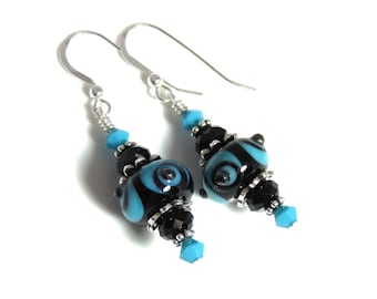 Black & Turquoise Lampwork Earrings With Turquoise and Black Swarovski Crystals, Turquoise Earrings, Black Earrings, Lampwork Jewelry