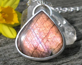 Labradorite Necklace - Sterling Silver purple pink orange Labradorite necklace - Purple Labradorite necklace flowers - boholuxe necklace