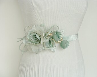Mint Bridal Sash - Mint Flower Sash - Green Mint Sash - Mint Flower Belt - Wedding Belt - Bridal Floral Sash