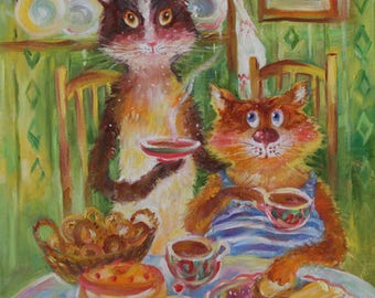 Original oil painting/funny animals/2 cats at the table/personalized cat portraits/humor/couple at the table