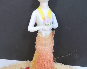 Porcelain Half Doll Whisk Broom, Art Deco, Crumb Broom Lady, Flapper Clothes Brush