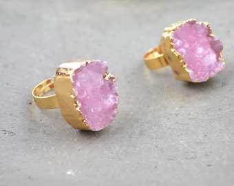 Natural Pink Quartz Druzy Ring Raw Rough Pink Crystal Quartz Geode Ring Cluster Stone Drusy Ring Adjustable Ring
