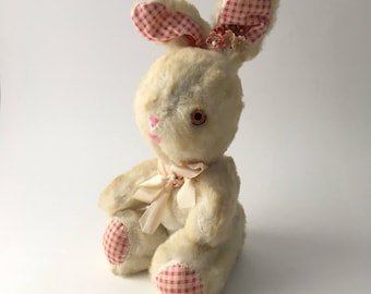 Vintage Gund white stuffed bunny, gingham ear bunny, white easter bunny, vintage easter bunny, vintage plush bunny, white stuffed rabbit