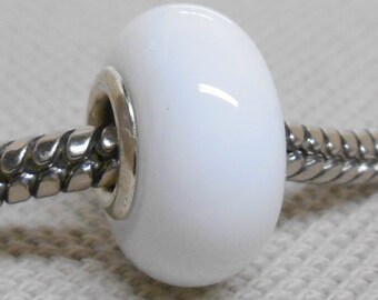 Solid White Lampwork Bead, Silver Cored Large Hole Handmade Lampwork Bead