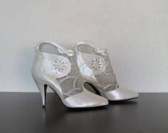 White Ivory Ankle Boots High Heel Leather and Lace Wedding Shoes Bridal Size 39