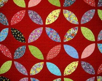 Queen Size Quilt - 97.5 x 97.5 - Orange Peel Quilt - 30s Quilt - Reproduction Feedsack Prints - Vintage Look - Flea Market Style