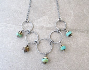 turquoise necklace, silver and turquoise, metalwork jewelry, rustic turquoise necklace, mixed metal