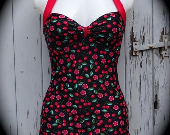 1950s Pin Up Girl Black Cherry & Blossom Swimming Costume 10 12 14 16 18 Swimsuit
