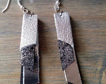 Silver and Black Layered Leather Earrings - Leather Dangle Earrings - Metallic Drop Earrings