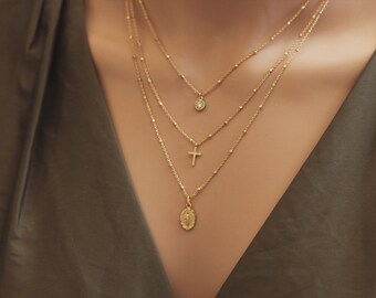 Holy Cross & Miraculous Medal - Set of 3 Christian Necklaces - Minimalist Art - Catholic Jewelry - Virgin Mary - Jesus Christ