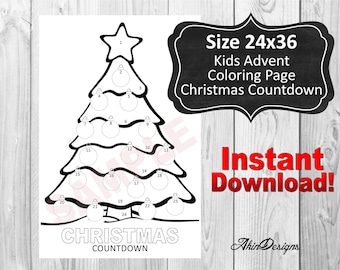Kids Advent Coloring Calendar, 24x36 , Countdown, Instant Download, Printable