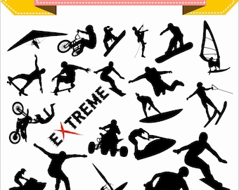 Extreme Sport Ski Snowboard Bike Climber Motobike Skateboard Trick Silhouette Vector Clipart PNG EPS Files Scrapbook Supplies Instant