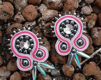 Soutache handmade pink and silver earrings, Colorful earrings, Soutache jewelry, Soutache accessories, Cluster earrings, Beaded earrings