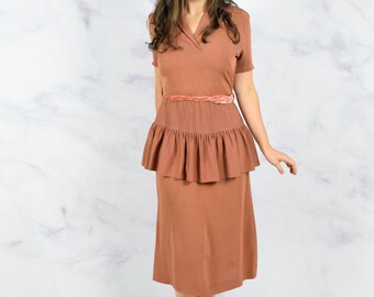 1940s Peplum Dress in Rust Rayon Crepe