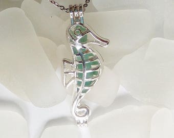 Seahorse Necklace - Sea glass locket - Beach glass jewelry - Seahorse Jewelry